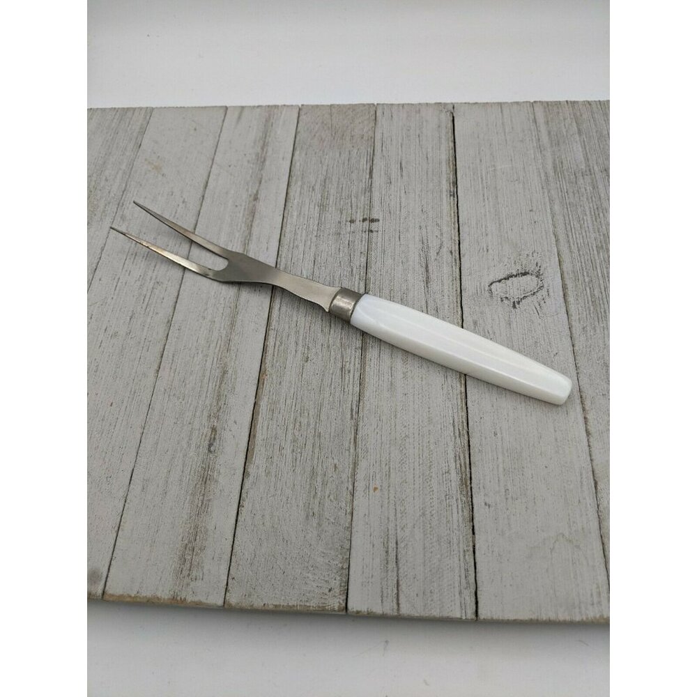 Vintage Metal Chrome Meat Utility Turning Fork 10" White Pearly Handle